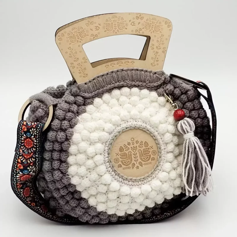 Torebka okrągła biało szara z motywem folk