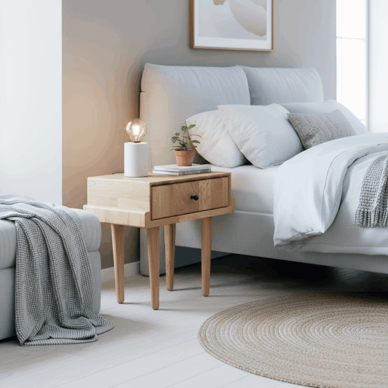 Szafka nocna dębowa w stylu retro na bukowych nóżkach, otwarta szuflada